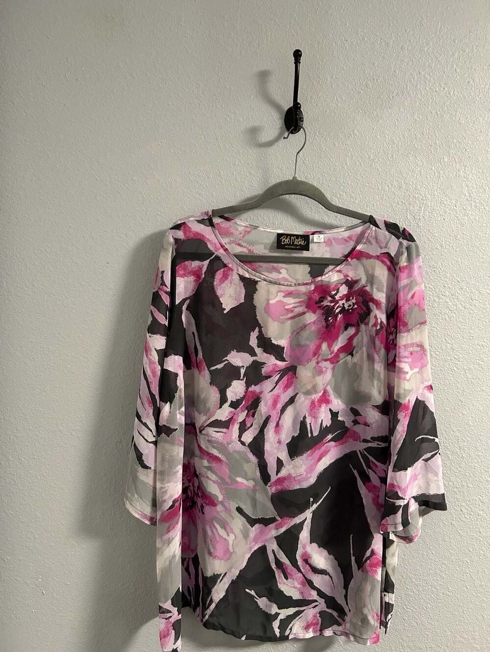 Bob Mackie Wearable Art Purple Floral Sheer Blouse 3/4 Sleeve